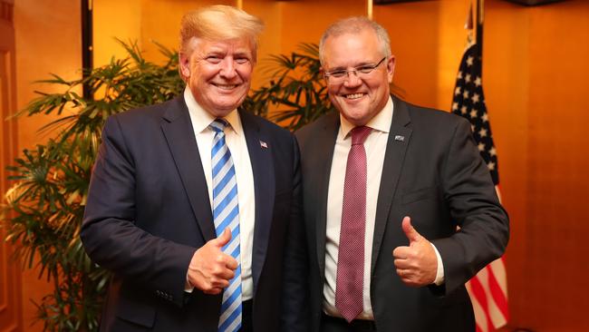 US President Donald Trump meets Scott Morrison in Osaka, Japan, last night before the start of the G20 summit today. Picture: Adam Taylor / PMO