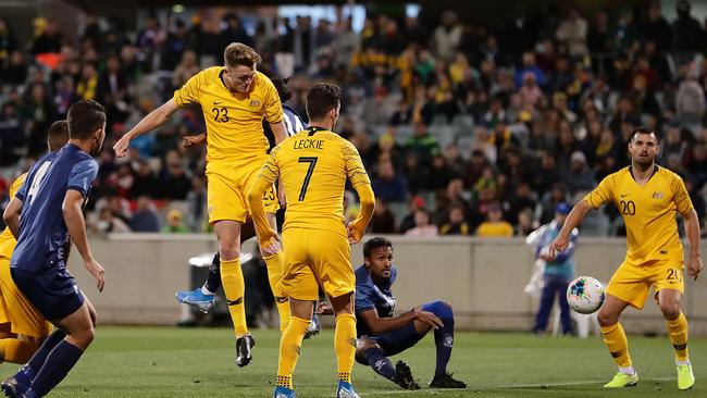 Socceroos defender Harry Souttar, No 23, scores against Nepal in Canberra. Picture: Getty Images