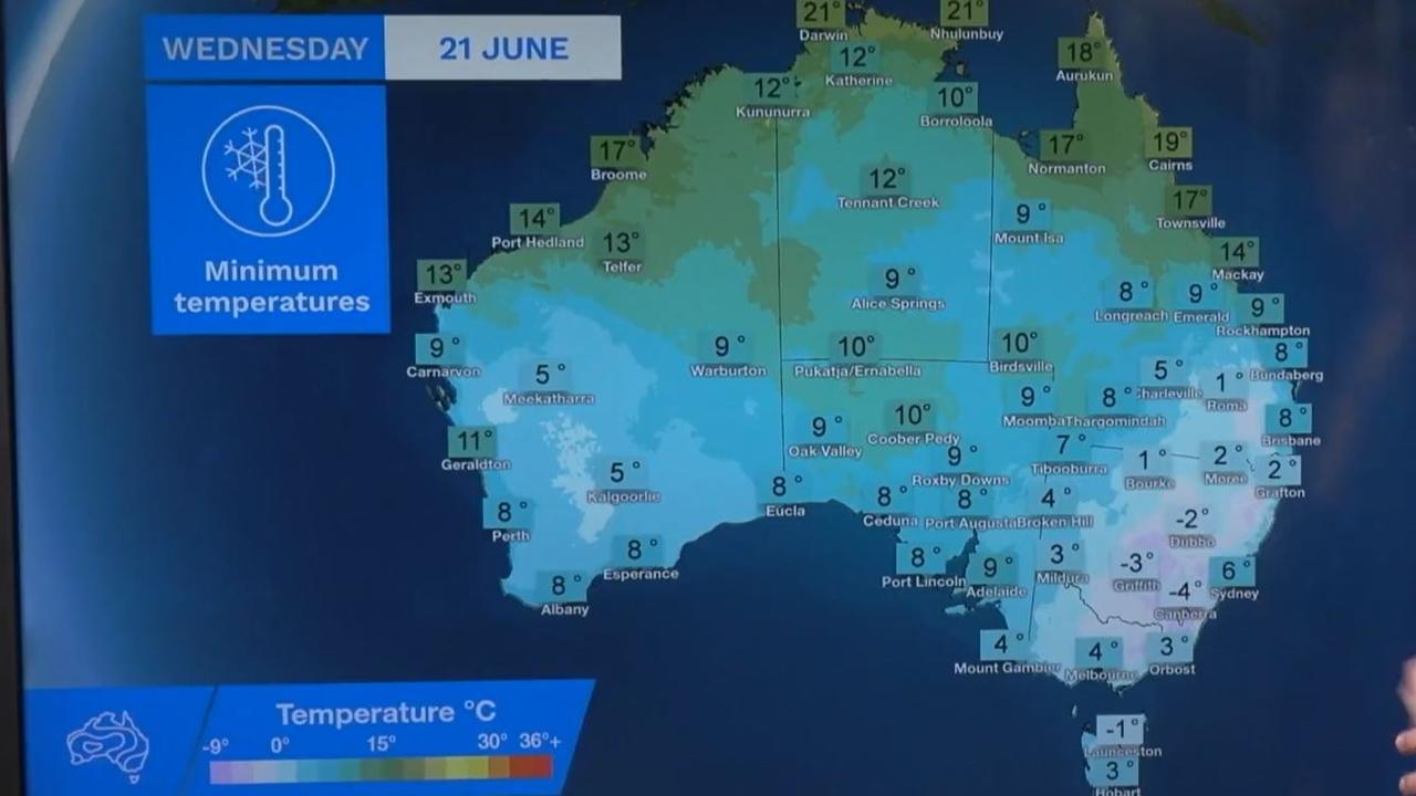 The shortest day of the year is approaching, with Australia to experience less than 10 hours of sunlight and shiver through freezing temperatures this week. Picture: Bureau of Meteorology