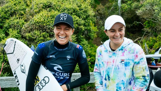 Ash Barty (right) and Steph Gilmore are all smiles at Bells Beach. Picture: Aaron Hughes/World Surf League