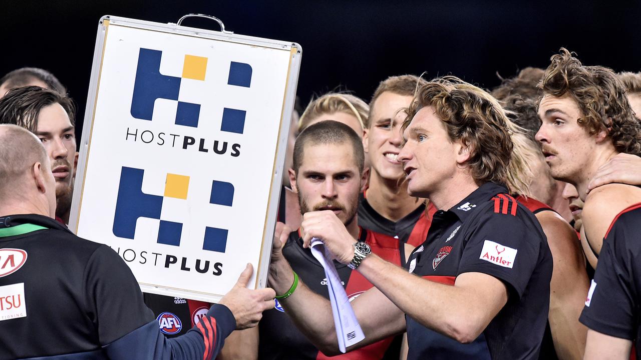 James Hird talks to his players while coaching Essendon. Picture: AAP Images