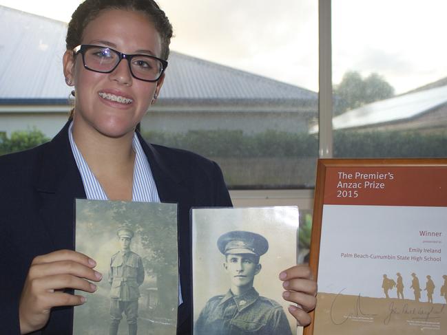 TXT4U: Emily Ireland with portraits of her great uncles, and her Premier’s Anzac award. Picture: Luke Ireland (MUST CREDIT)