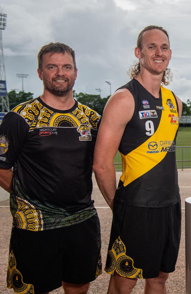 Nightcliff coach Leigh Crossman with Ryan Nyhuis. Picture: Pema Tamang Pakhrin