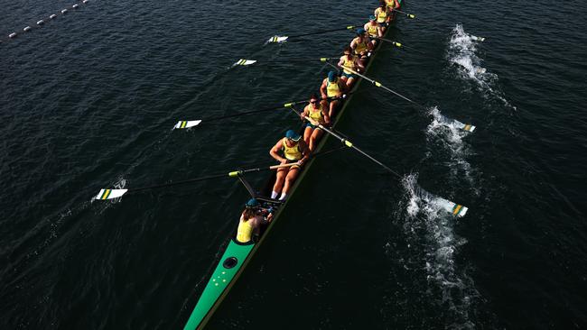 PARIS, FRANCE - AUGUST 03: Ben Canham, Timothy Masters, Spencer Turrin, Alex Purnell, Jack Hargreaves, Jack O'Brien, Angus Dawson, Angus Widdicombe, Kendall Brodie of Team Australia prepare to compete in the Men's Eight Finals on day eight of the Olympic Games Paris 2024 at Vaires-Sur-Marne Nautical Stadium on August 03, 2024 in Paris, France. (Photo by Alex Davidson/Getty Images)