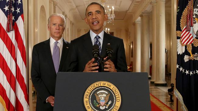 US President Barack Obama with Vice President Joe Biden in 2015 in the East Room of the White House in Washington after an Iran nuclear deal was reached.