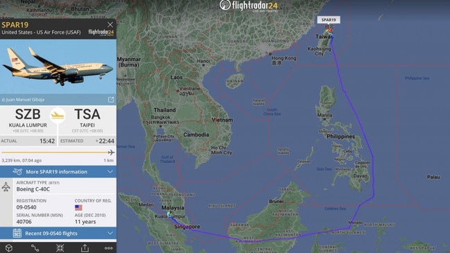 The SPAR19 route which Nancy Pelosi's flight took from Kuala Lumpur to reach Taiwan. Picture: Flightradar24