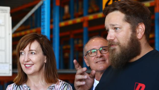 Port Adelaide MP Susan Close and Premier Jay Weatherill with Pirate Life Brewing Director of Brewing Jared Proudfoot. Picture: Tait Schmaal