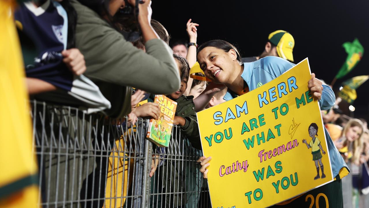 Few Australian sportspeople are as loved as Sam Kerr of the Matildas. Picture: Matt King/Getty Images