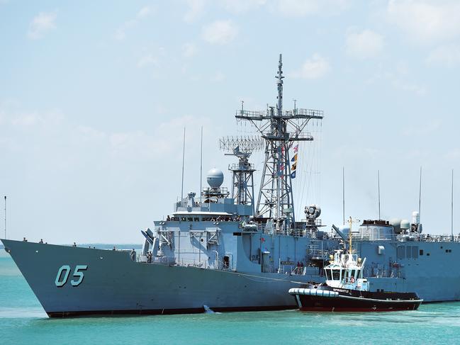 HMAS Melbourne pulls in alongside Fort Hill Wharf with Commander of the Australian Fleet Rear Admiral Jonathan Mead on board as naval EX Kakadu concludes.Picture Patrina Malone