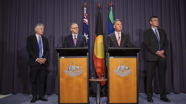 Professor Stephen Smith, Prime Minister Anthony Albanese, Defence Minister Richard Marles and Sir Angus Houston at press conference relating to major defence overhauls in August.Picture: NCA NewsWire / Gary Ramage