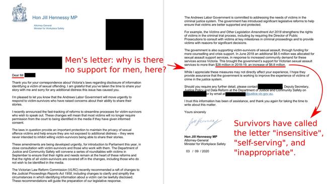 The men’s version of the letter which included no offers of legal help. Picture: Supplied