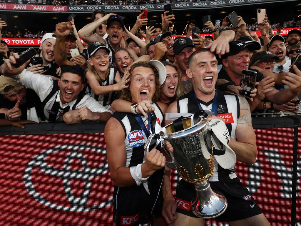 MELBOURNE, AUSTRALIA. September 30, 2023. AFL Grand Final between Collingwood and the Brisbane Lions at the MCG. Jack Ginnivan and Darcy Cameron of the Magpies. Picture by Michael Klein