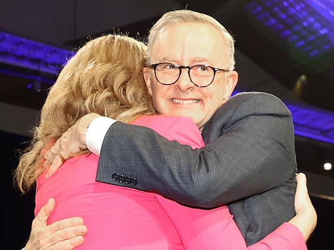 FEDERAL ELECTION TEAM 2022. LABOR BUS TOUR 155/22Federal Labor leader Anthony Albanese pictured in Brisbane today at the Labor Party campaign launch. Anthony arrives to cheers from the crowd and runs on to the stage with QLD Premier Annastacia Palaszczuk .   Picture: Sam Ruttyn