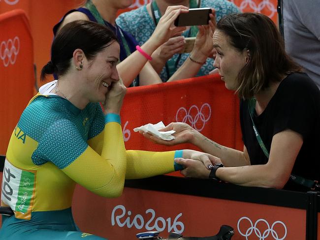 Anna Meares cries with her former adversary Victoria Pendleton from Great Britain after her final ride in the Women's Sprint for the Rio Olympics 2016 track cycling at the Rio Olympic Velodrome. Pics Adam Head