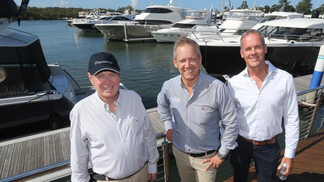 Gold Coast boating industry heavyhitters (from left) Maritimo founder Bill Barry-Cotter, Sanctuary Cove International Boat Show general manager Johan Hasser and Riviera owner Rodney Longhurst Sanctuary Cove Marina yesterday to launch its upcoming 30th anniversary boat show later this month.