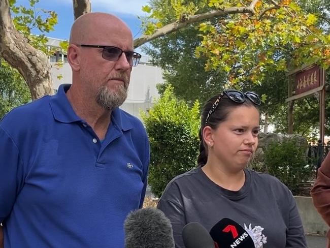 The victim's sister Sarah and father Brett speak to the media on Monday as police hunt for the offenders. Picture: Erin Constable