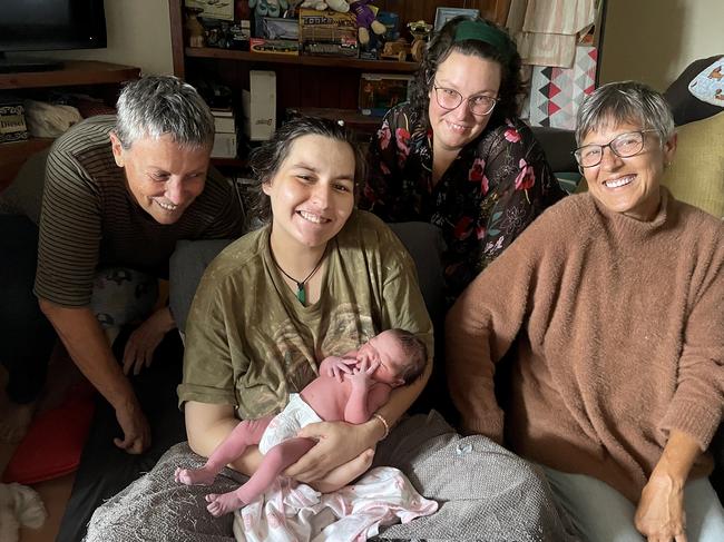 Retired doctor Beryl Turner, Dr Emma Sedlacek and nurse Sue Vetma helped mum Angel McKay deliver baby Hayley after Eungella was cut off by floodwaters.