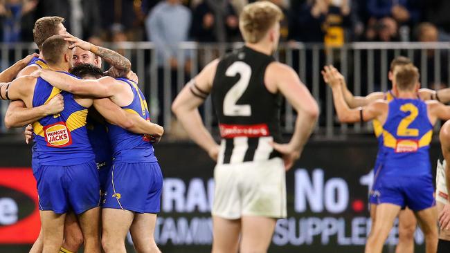 Jordan de Doey reacts on the final siren. Picture: Michael Klein