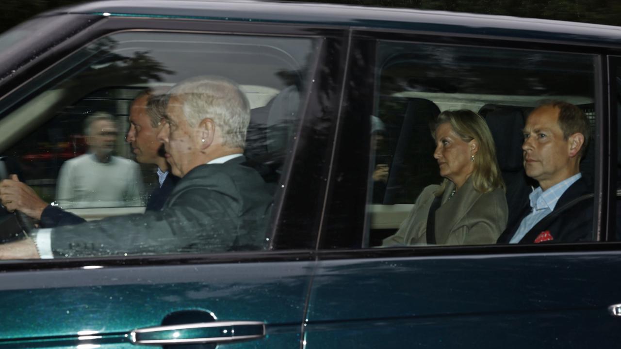 Prince William, Prince Andrew and the Duke and Duchess of Wessex arrive at Balmoral on Thursday. Picture: Getty Images