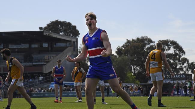 Keilor’s Nathan Colenso celebrates a goal. Picture: Andy Brownbill