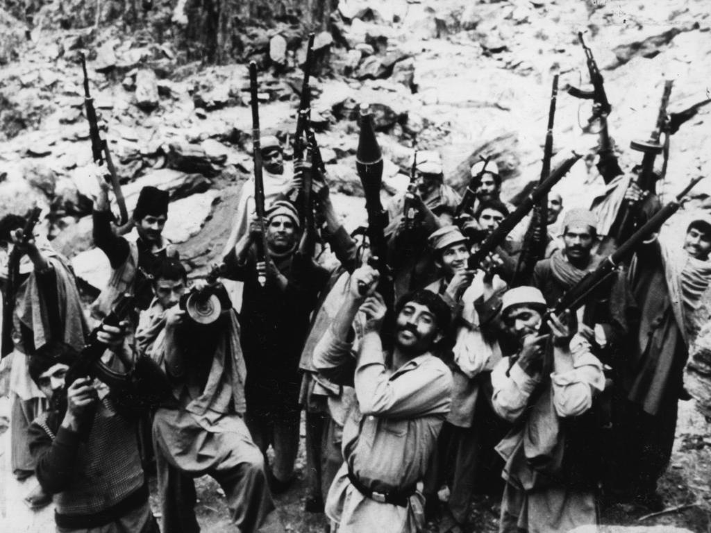 Mujahideen Freedom fighters, or guerillas, show their resistance to the occupation of Afghanistan by Soviet forces, in 1981.