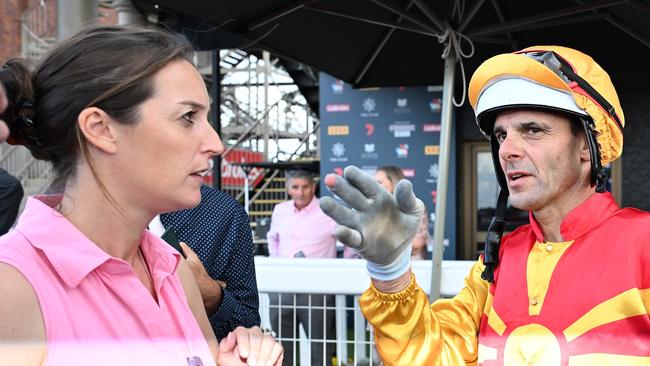 Sydney trainer Annabel Archibald with jockey Noel Callow after their victory in the $350,000 Group 2 Queensland Guineas (1600m) at Eagle Farm last Saturday. Picture: Grant Peters / Trackside Photography