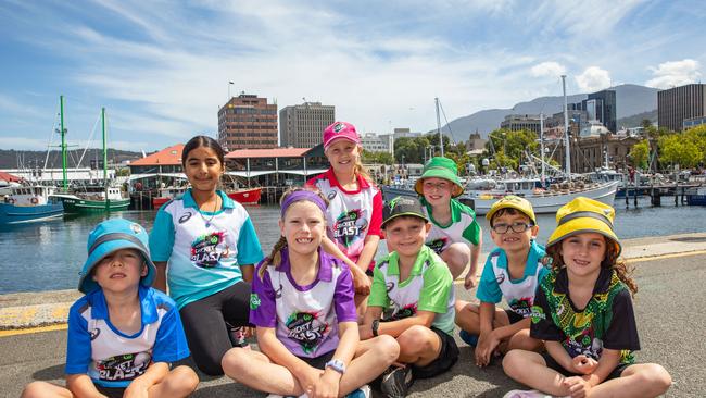 Woolworths Cricket Blast first XI in Hobart prior to the BBL Grand Final. L-R Oliver Anderson, 6, from SA, Rasika Zika Syan, 8, VIC, Frankie Mountney, 8, TAS, Lily Tozer, 10, NSW, Julian Cashman, 8, NSW, Sam Harman, 12, VIC, Joseph Wijenayake, 7 QLD, and Emma de Carvalho, 6, ACT. Picture: Linda Higginson