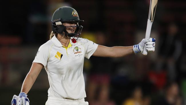 Ellyse Perry celebrates her double century during the Ashes Test. Pic: AAP