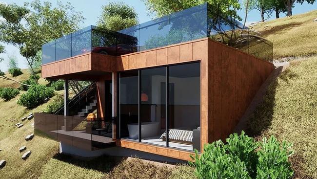 Artist impression of a proposed new tourist cabins on the side of Mount Osmond, overlooking Adelaide. Picture: Lookadesign