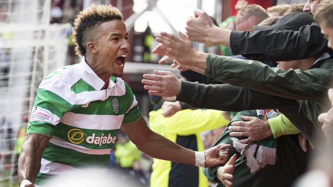 Scott Sinclair of Celtic celebrates his winning goal.