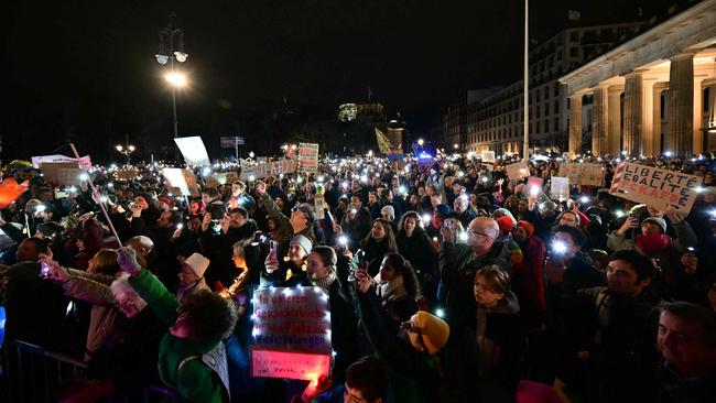 Protesters gather for a demonstration against a political shift to the right in front of the Brandenburg Gate in Berlin on the weekend. Picture: AFP