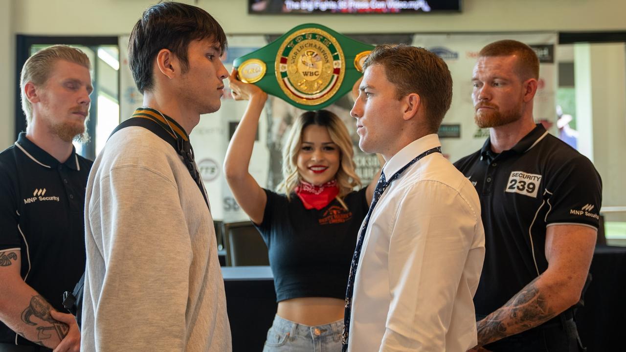 Anuson Thonglueang and Stoneleigh Jackson square off ahead of their WBC World Youth Welterweight title fight. Picture: Tanner Smith Videography