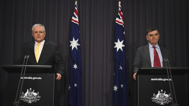 Prime Minister Scott Morrison and Chief Medical Officer Brendan Murphy announced the new shutdown orders on Tuesday night. Picture” Lukas Coch