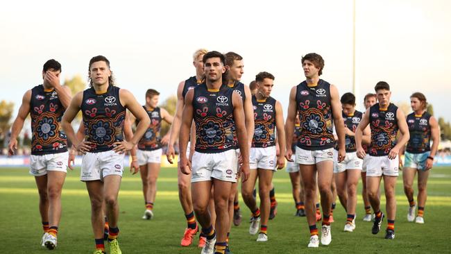 The Crows walk off after they were defeated by the Bulldogs during the round 10 AFL match between Western Bulldogs and Adelaide Crows at Mars Stadium in Ballarat. Picture: Robert Cianflone/Getty Images