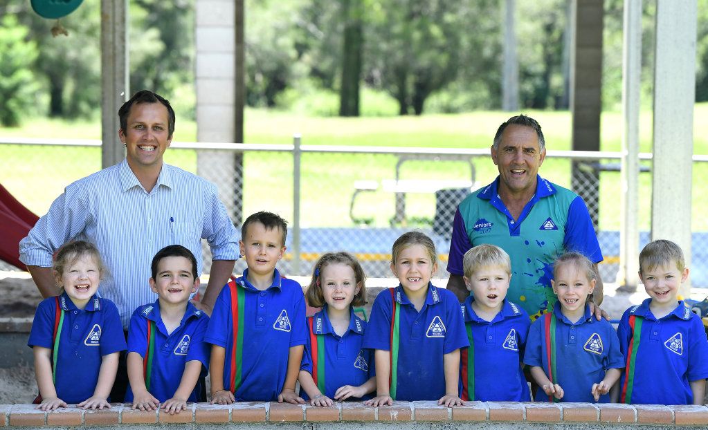 WIDGEE STATE SCHOOL PREP: (From left) Kayleigh Read, principal Mr Matt Elson, Brock Morrison, Luke Arthur, Bridget Meads, Olivia Elson, Cody Hempsall, teacher Mr Robert Andrews, Aurora Robertson and Wyatt Kohler (absent) Nicholas Dakin. Picture: Renee Albrecht
