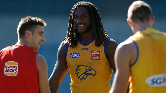 Nic Naitanui looks on during a West Coast Eagles training session.