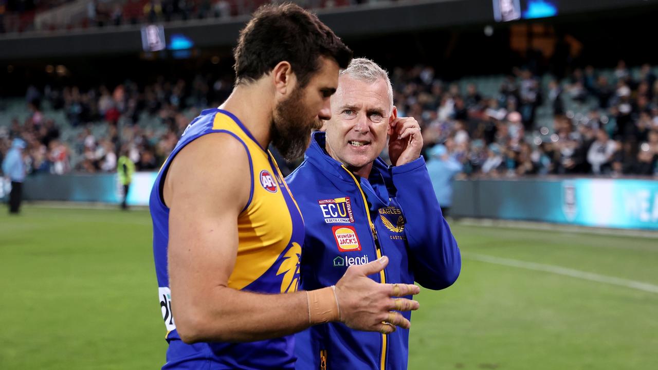 ADELAIDE, AUSTRALIA - APRIL 23: Josh J. Kennedy and Adam Simpson, Senior Coach of the Eagles during the 2022 AFL Round 06 match between the Port Adelaide Power and the West Coast Eagles at Adelaide Oval on April 23, 2022 in Adelaide, Australia. (Photo by James Elsby/AFL Photos via Getty Images)