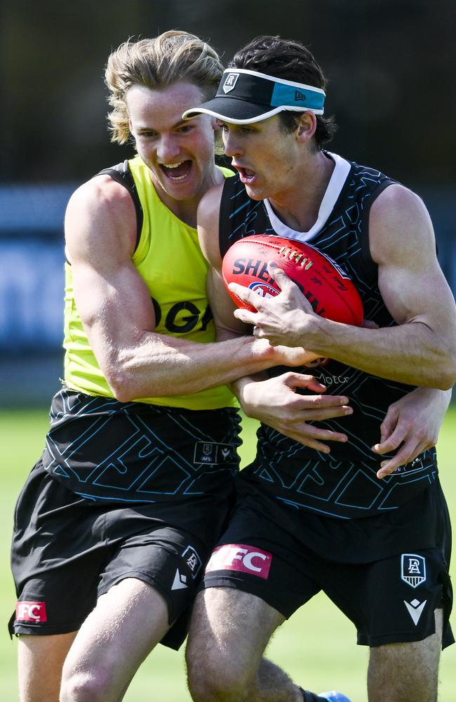 Miles Bergman and Connor Rozee at Port training. Picture: Mark Brake