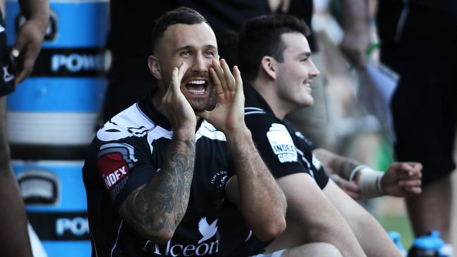 Quade Cooper pictured on the sideline during Wests v Souths rugby at Toowong, Brisbane 29th of April 2018.  (AAP Image/Josh Woning)