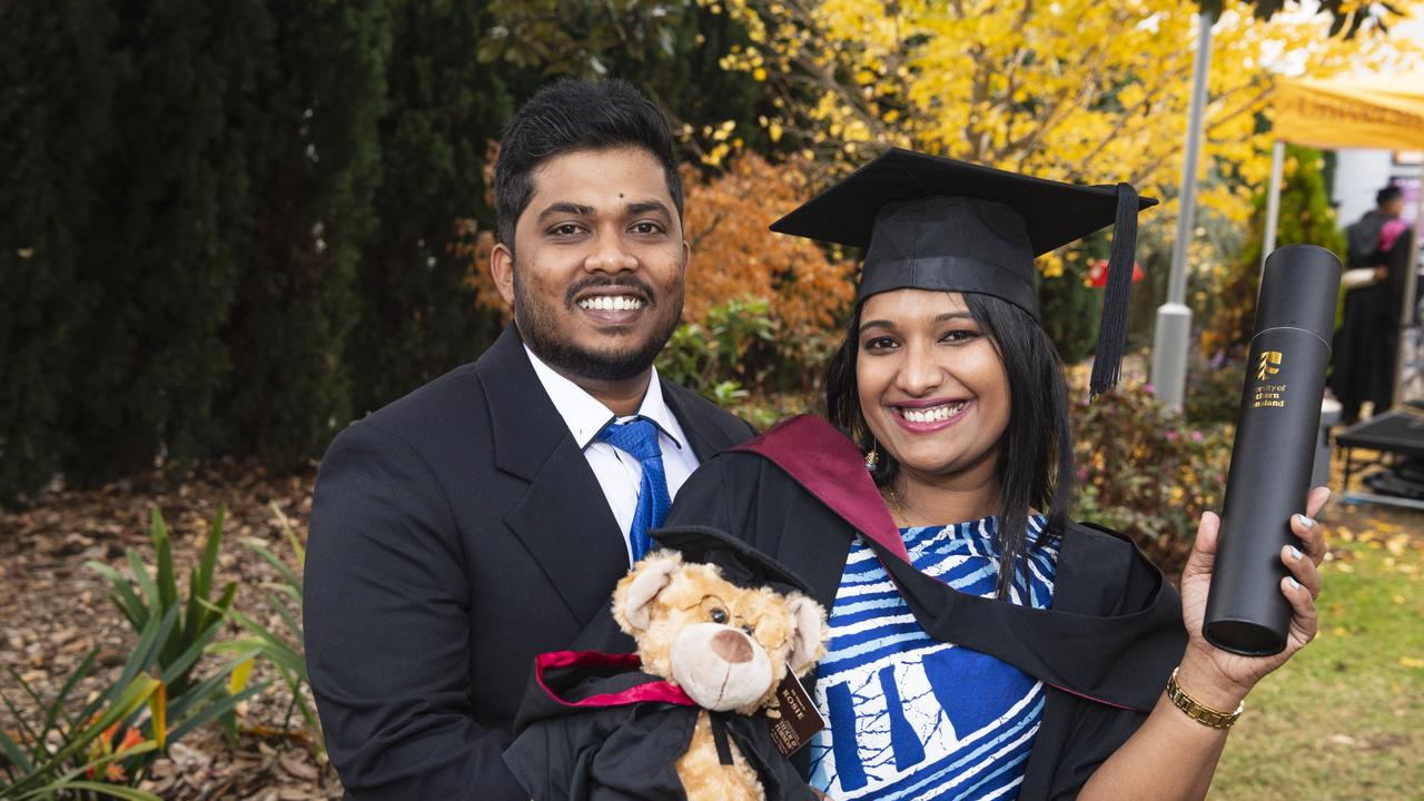 Bachelor of Construction graduate Chanchala Rodrigo with husband Ravindu Lowe at a UniSQ graduation ceremony at The Empire, Tuesday, June 25, 2024. Picture: Kevin Farmer