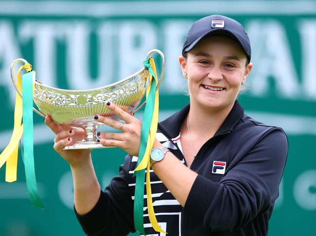 BIRMINGHAM, ENGLAND - JUNE 23: Ashleigh Barty of Australia celebrates victory in her final match against Julia Goerges of Germany on day seven of the Nature Valley Classic at Edgbaston Priory Club on June 23, 2019 in Birmingham, United Kingdom. (Photo by Jordan Mansfield/Getty Images for LTA)