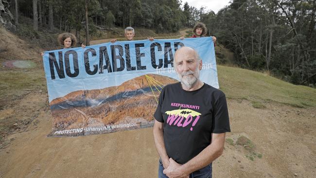 Protesters are ready to act after ministerial authority was granted to Mount Wellington Cableway Company. From left, Louise Sales, Philip Stigant, Ted Cutlan and Tom Crawford. Picture: PATRICK GEE