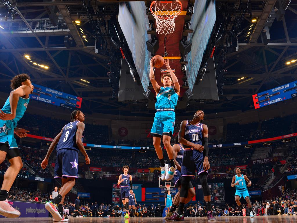 Dyson Daniels goes to the rim during the Rising Stars Game on NBA All Star Weekend this year. Picture: Jesse D. Garrabrant/NBAE via Getty Images