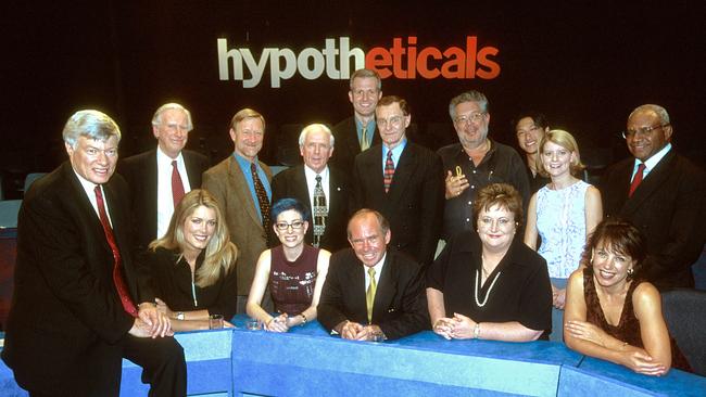 Barrister Geoffrey Robertson (L) on TV set of show Hypotheticals.