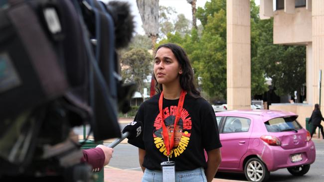 Samara Fernandez-Brown, the cousin of Kumanjayi Walker, outside the Alice Springs Local Court. Picture: Jason Walls