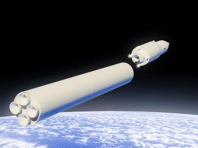 In this video grab file photo provided by RU-RTR Russian television, a computer simulation shows the Avangard hypersonic vehicle being released from booster rockets. Russian President Vladimir Putin boasted about his country's prospective nuclear weapons, saying they are years and even decades ahead of foreign designs.