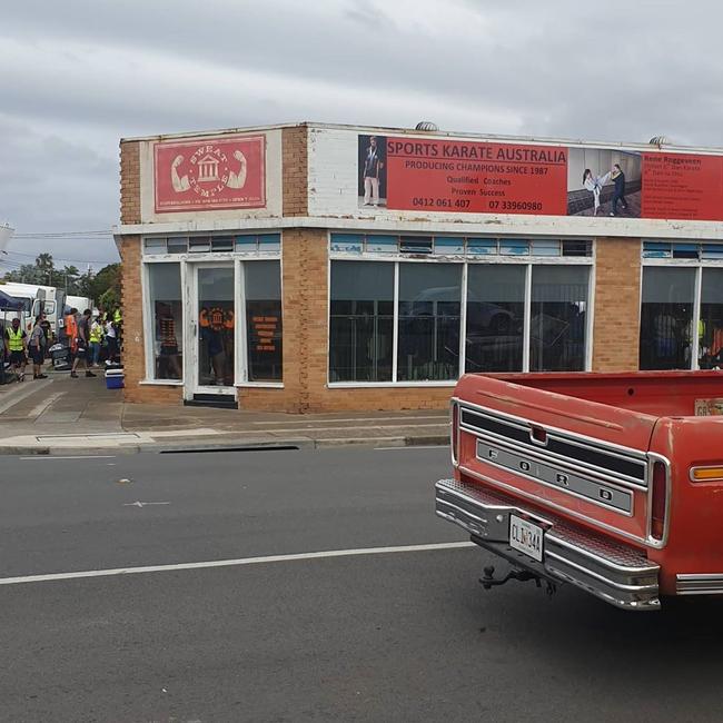 A vintage car and “Sweat Temple” sign were visible on the Young Rock film set in Wynnum on Tuesday. Picture: Instagram/ @lilash91