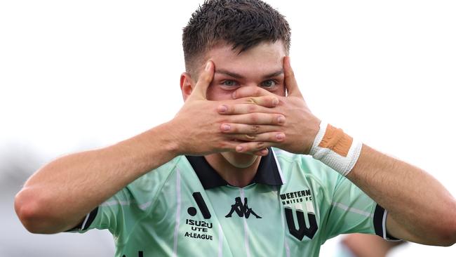 SYDNEY, AUSTRALIA - FEBRUARY 09: Noah Botic of Western United celebrates scoring a goal during the round 18 A-League Men match between Macarthur FC and Western United at Campbelltown Stadium, on February 09, 2025, in Sydney, Australia. (Photo by Brendon Thorne/Getty Images)