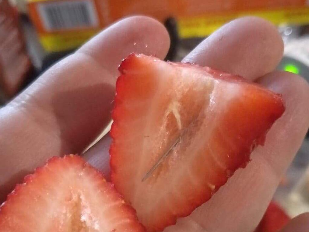 The strawberry that was bought from Adelaide Fresh Fruiterers shop at Main South Road, Morphett Vale and cut open by the mother of a boy. Picture: Nine News