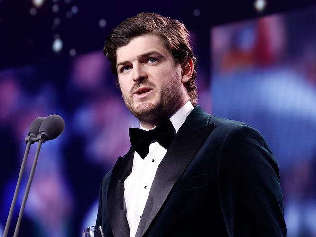 MELBOURNE, AUSTRALIA - SEPTEMBER 23: Angus Brayshaw of the Demons toasts retiring players during the 2024 Brownlow Medal at Crown Palladium on September 23, 2024 in Melbourne, Australia. (Photo by Michael Willson/AFL Photos via Getty Images)